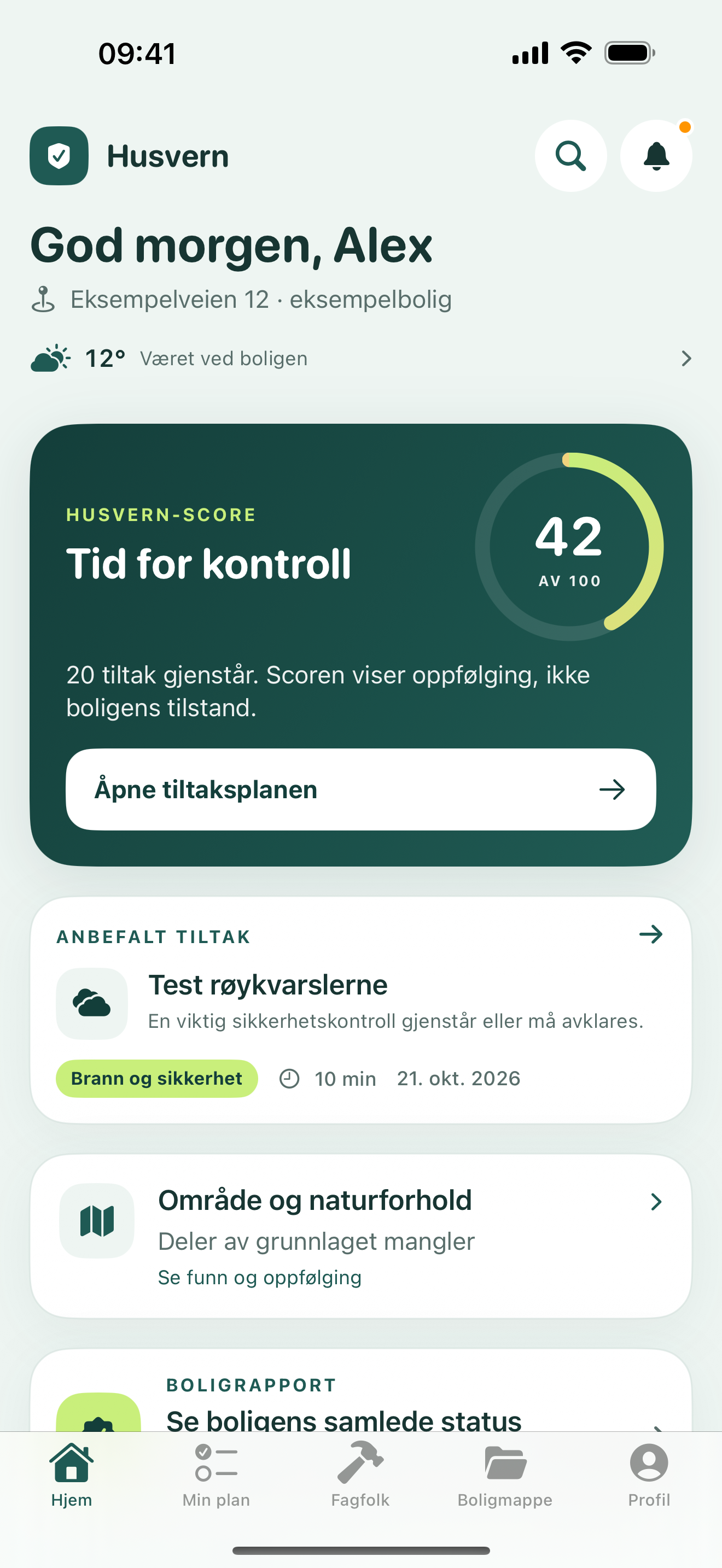 Husverns hjemskjerm med kompakt værvisning, Husvern-score og prioriterte tiltak