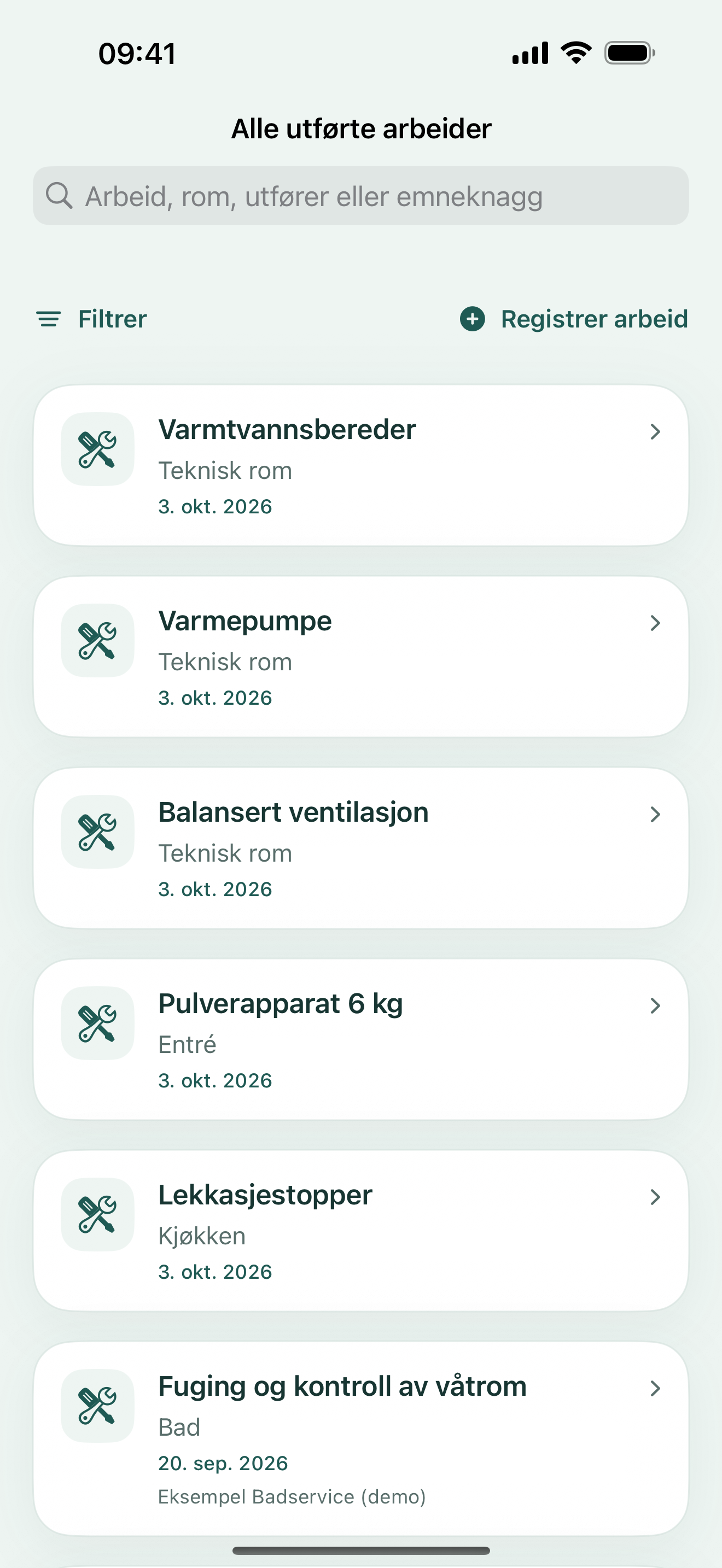 Oversikt over utført arbeid i en eksempelbolig, med rom og dato